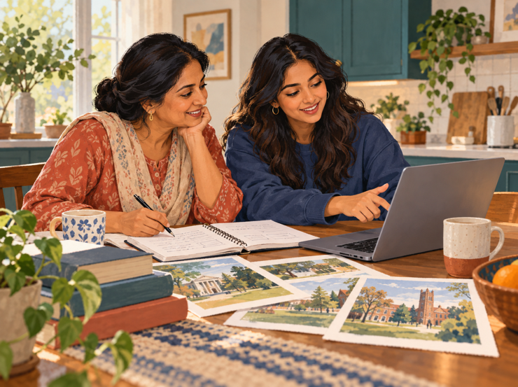 Illustration of a parent and young adult comparing college options at home.