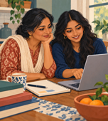Illustration of a parent and young adult comparing college options at home.