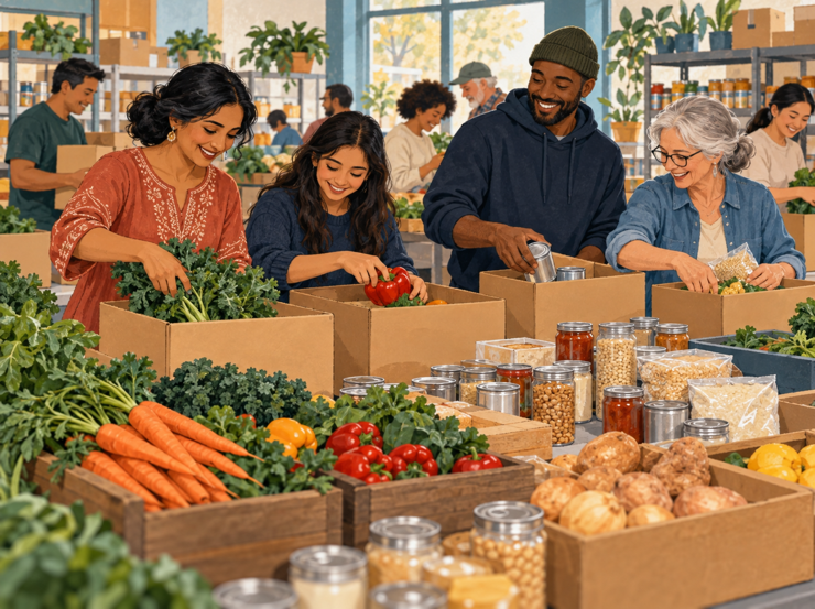 Illustration of neighbors volunteering together to pack food at a community pantry.