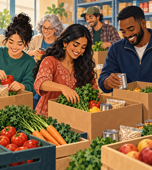 Illustration of neighbors volunteering together to pack food at a community pantry.