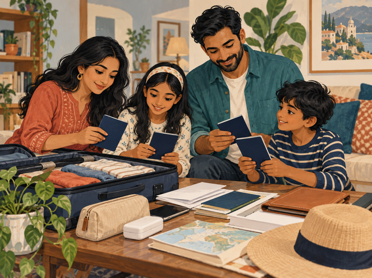 Illustration of a family checking travel documents beside a suitcase at home.