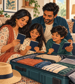 Illustration of a family checking travel documents beside a suitcase at home.