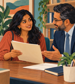Illustration of a client discussing documents with an adviser in an office.