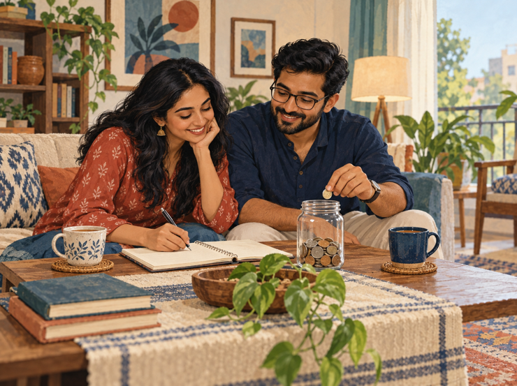 Illustration of a couple reviewing household finances with a notebook and savings jar.