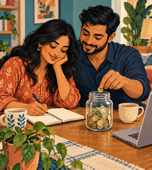 Illustration of a couple reviewing household finances with a notebook and savings jar.